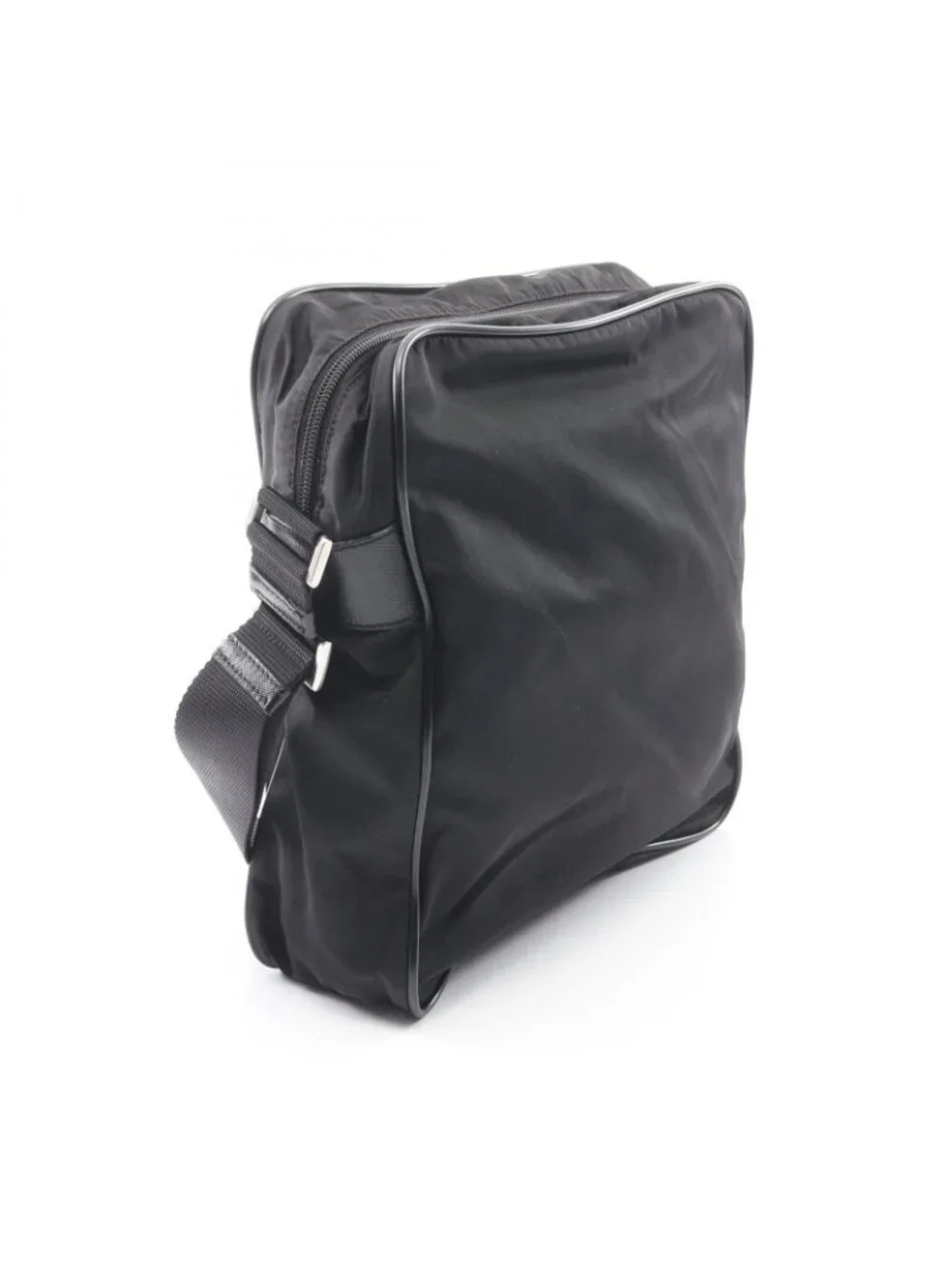 Prada Shoulder Bag Triangle Logo Black Nylon Saffiano Leather